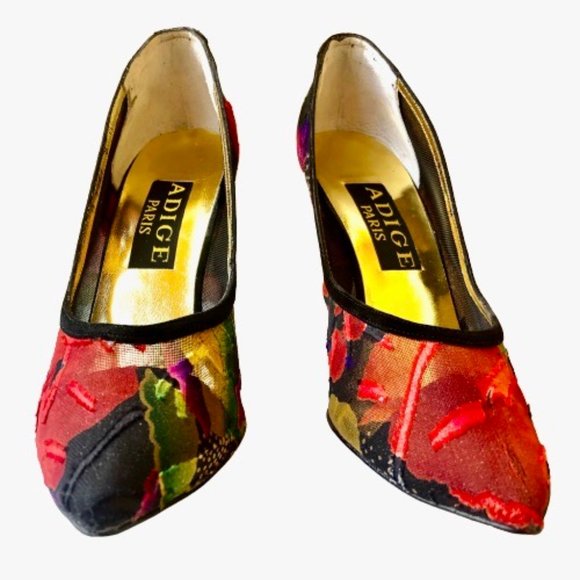 Adige Paris Vintage 80's Pump Heels MESH Fabric Patches Suede Spain sz 8 - Picture 8 of 15